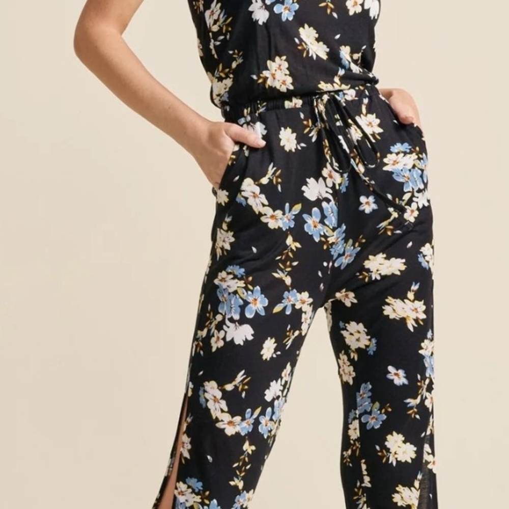 VENUS Black Jumpsuit with Blue and White Floral Design